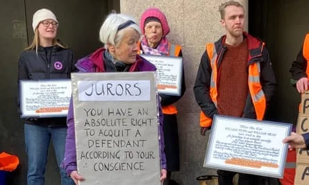 Trudi Warner (foreground) protests outside court case the Old Bailey in central London in April 2023