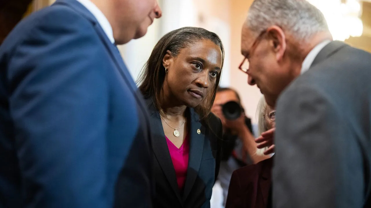 Sen. Laphonza Butler, D-Calif., Senate Majority Leader Charles Schumer, D-N.Y., right, and Sen. Alex Padilla, D-Calif., prepare for a news conference.