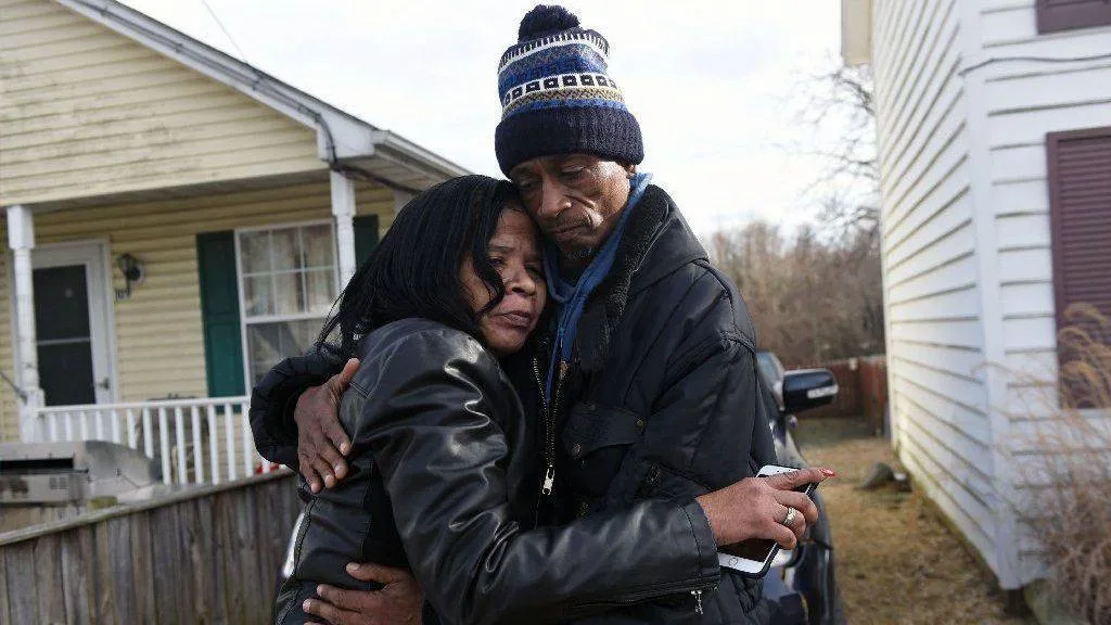 Greensboro, Md---Jannell Black and Kevin Bordley embrace after Bordley spoke with the media in January 2019. Kim Hairston/Baltimore Sun staff.