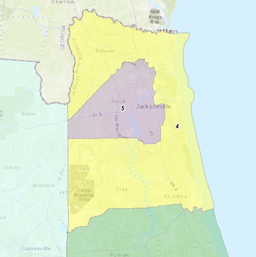  The Florida legislature passed this configuration of Congressional District 5 located in Duval County in March 2022. The governor vetoed this plan, which would've preserved a Black-opportunity district in North Florida. 