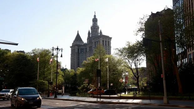 The David Dinkins Municipal Building is seen from Broadway near City Hall Park.