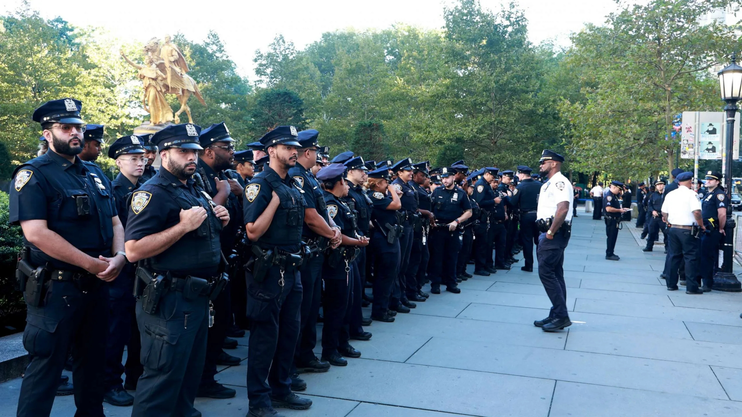 PHOTO: Hundreds of NYPD Officers are pictured during roll-call on Fifth Avenue near 60th Street in New York, Sept. 19, 2023.