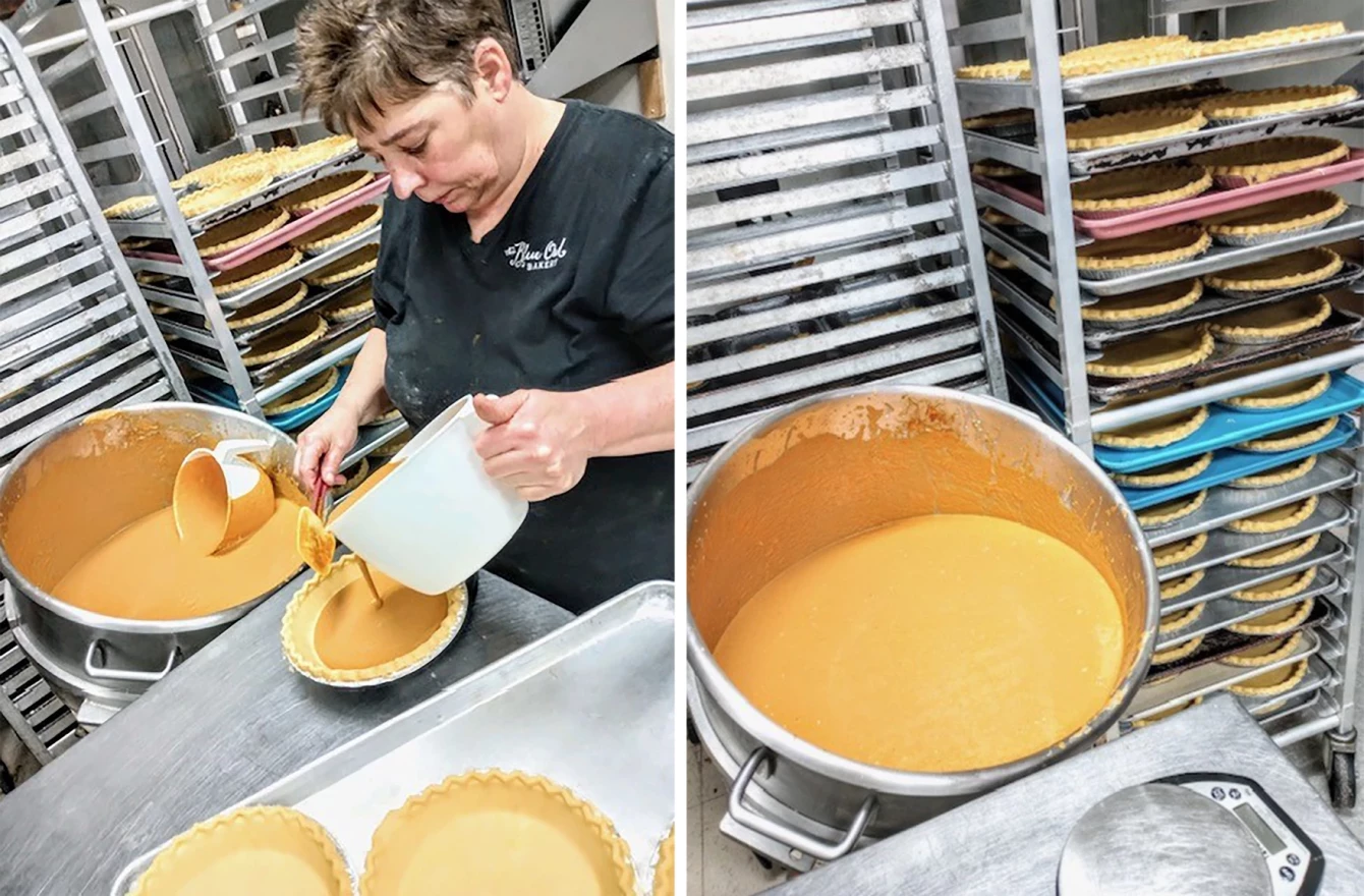 Lead baker Sheila Winford pours pumpkin pie mixture into crusts at The Blue Owl in House Springs, Missouri. The restaurant, which is known for its pies, will churn out hundreds of pies from now through New Years.