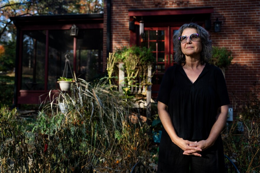 Yael Shomroni, 63, on Wednesday, Nov. 8, 2023, outside of her St. Louis County home. Shomroni, who originally hails from Israel, said she has had challenges navigating the rhetoric that criticizing what her home country has done to the Palestinian people means a person is antisemitic.