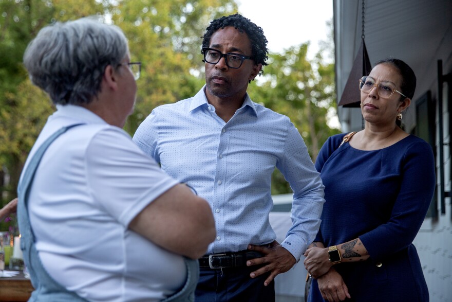 St. Louis County prosecutor and Democratic candidate for the 2024 Senate race Wesley Bell holds a fundraising event on Monday, Sept. 18, 2023, at a volunteer’s home in Glendale, Mo. The small group of supporters were filled with people who knew Bell, and who were seeking information about how they could assist with his campaign.