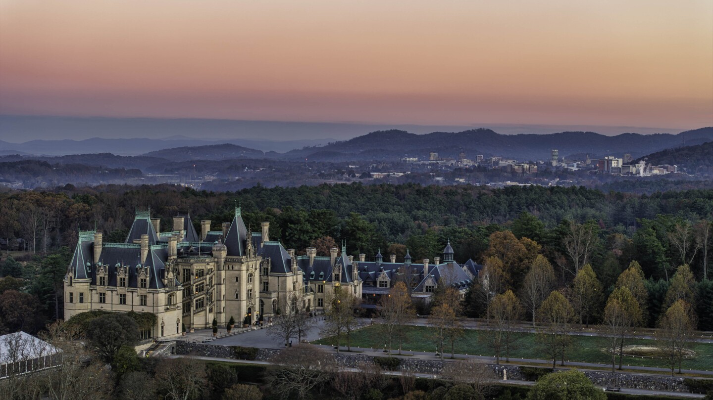 An aerial scene of the Biltmore Village region of Asheville.