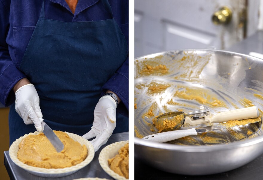 LEFT: Pastry chef Carla Jones smooths sweet potato pie mixture into its pie dough on Wednesday, Nov. 15, 2023, at Ol’ Henry’s Restaurant in Berkeley, Mo. RIGHT: A discarded scooper and knife sit in an empty bowl of sweet potato pie mixture on Wednesday, Nov. 15, 2023, at Ol’ Henry’s Restaurant in Berkeley, Mo.