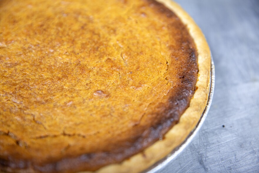 A cooked sweet potato pie cools on Wednesday, Nov. 15, 2023, at Ol’ Henry’s Restaurant in Berkeley, Mo. Sweet potato pie is a significant touchstone of African American culture, especially around Thanksgiving.