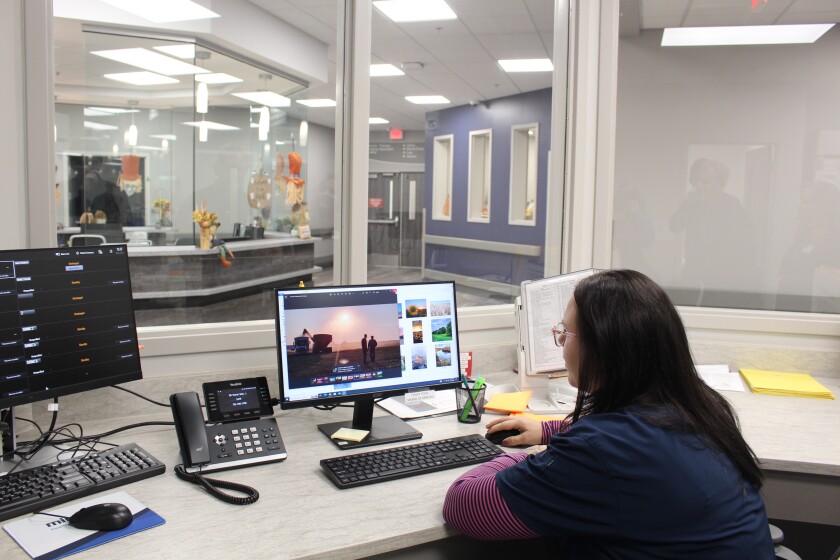 A woman sits at a desk in front of a computer screen with a farm picture on it.