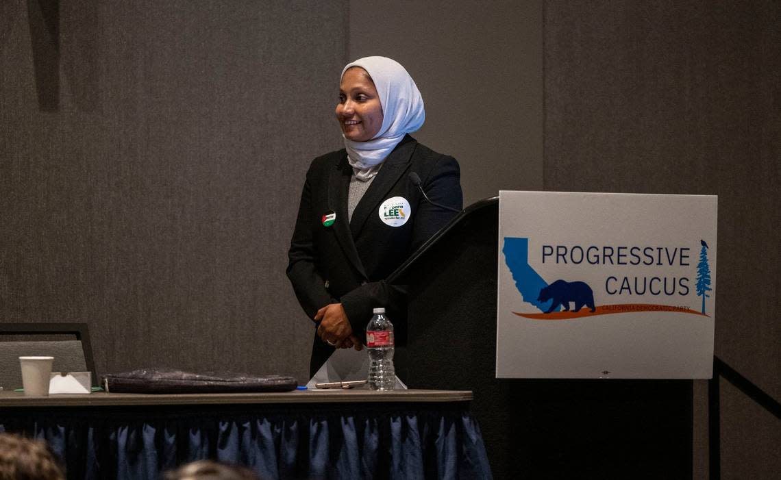 Fatima Iqbal-Zubair, chair of the Progressive Caucus, talks at the California Democratic Party state endorsing convention on Friday at SAFE Credit Union Convention Center in Sacramento. Iqbal-Zubair says she’s not excited about any gubernatorial candidates yet.