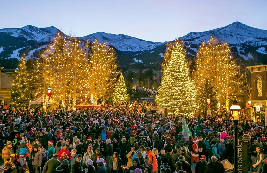 mountain town with holiday lighting