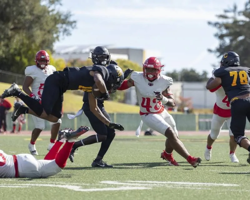 A football game between a team in red and white and another in blue and gold.