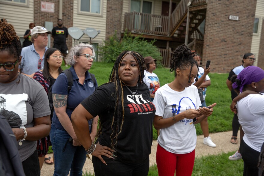 Rep. Cori Bush, D-St. Louis County, attends a memorial commemorating the ninth anniversary of Michael Brown Jr.’s killing by a White police officer outside of Canfield Apartments in Ferguson, Mo.