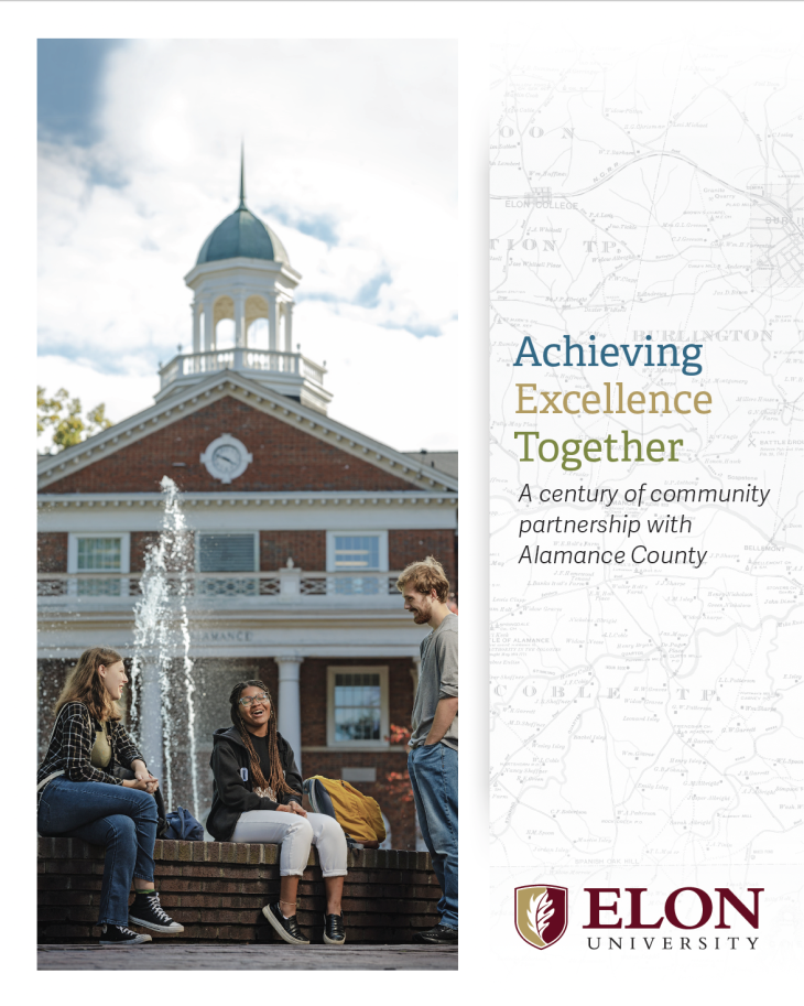 Elon-Alamance County partnership publication cover with people standing in front of Alamance Building