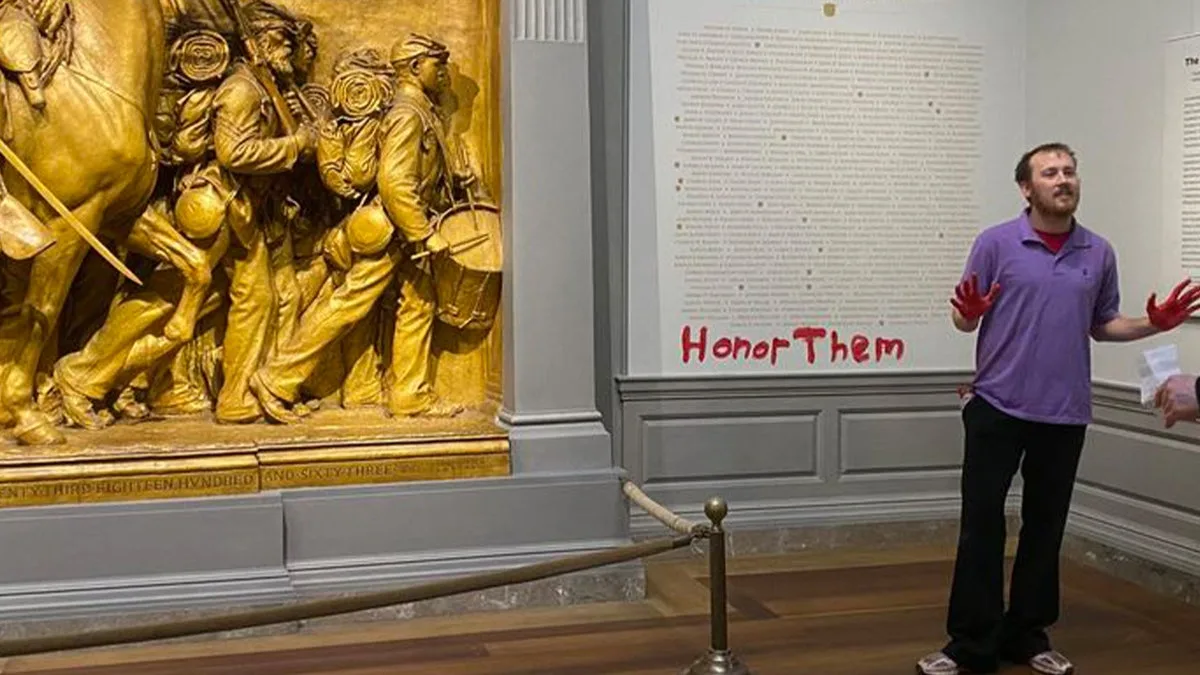 A climate activist with the group Declare Emergency vandalized a Civil War memorial at the National Gallery of Art in Washington, D.C., on Tuesday.