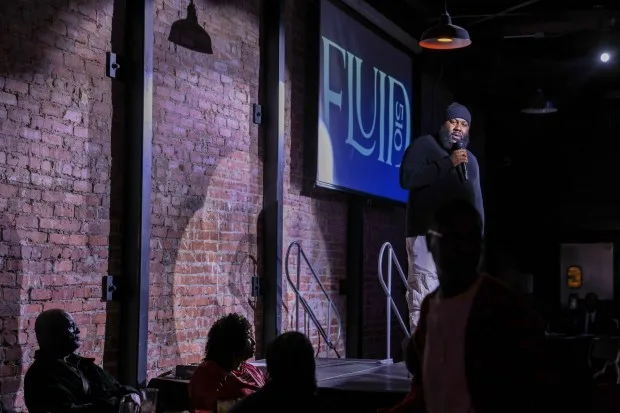 Emcee F.A.B. speaks during the kick-off campaign against the recall of Alameda County District Attorney Pamela Price, second from left, at Fluid510 night club in Oakland, Calif., on Thursday, Nov. 16, 2023. (Ray Chavez/Bay Area News Group)