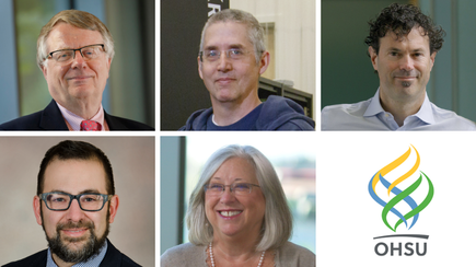 Clockwise: Gordon Mills, M.D., Ph.D.; Eric Gouaux, Ph.D.; Kevin Winthrop, M.D., M.P.H.; Eric Simpson, M.D., M.C.R.; and Lisa Coussens, Ph.D. (OHSU)