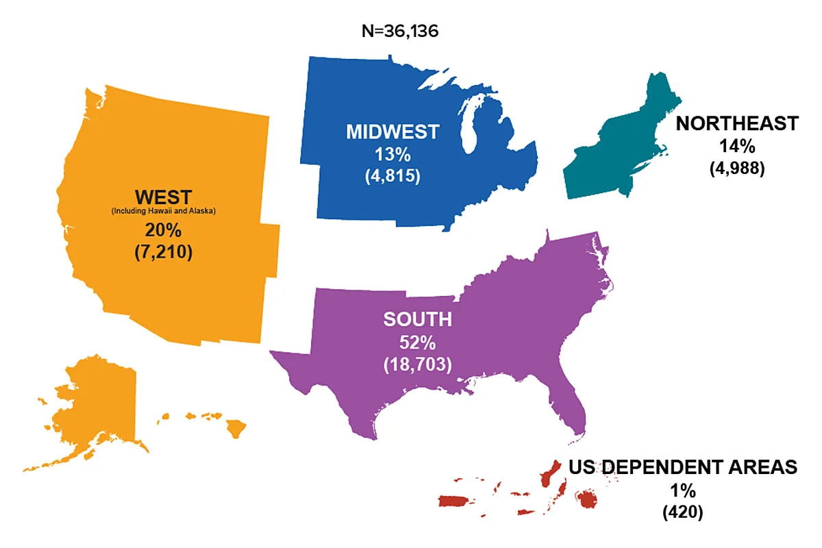 A map showing four quadrants of the United States