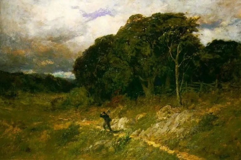 A painting of a man in a storm. 