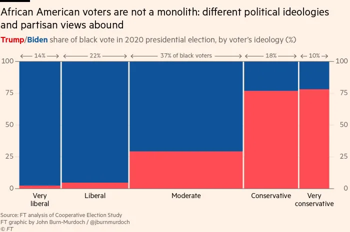 Chart showing that African American voters are not a monolith: different political ideologies and partisan views abound