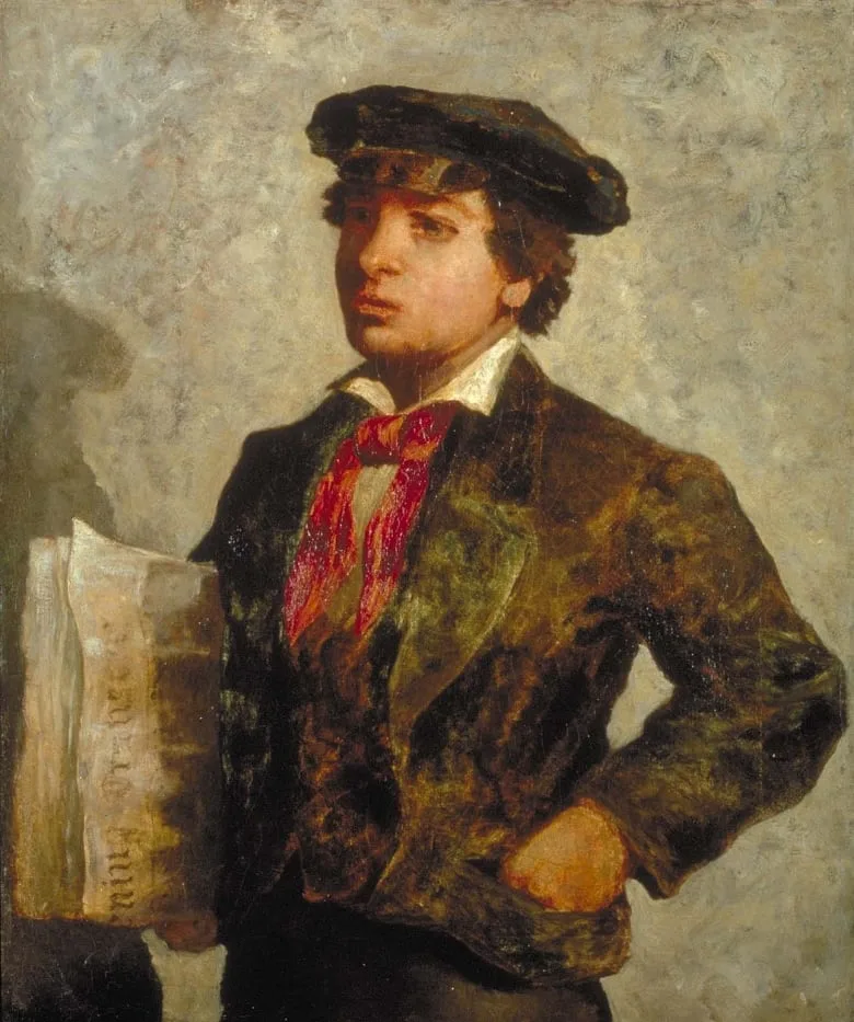 A painting of a boy holding newspaper.