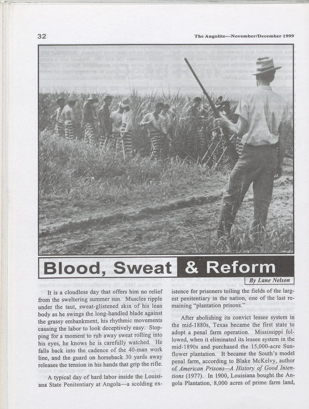 A page from The Angolite that features a photograph of a prison guard holding a shotgun while watching prisoners work in a field. The title of the article on the page is 