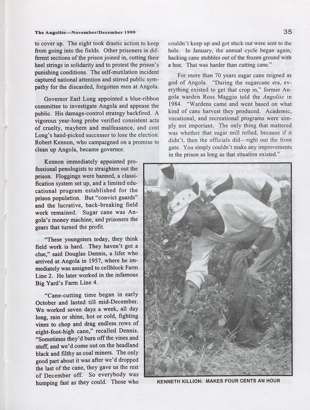 A page of The Angolite that features a photograph of an inmate, Kenneth Killion, picking sugar cane in a field.