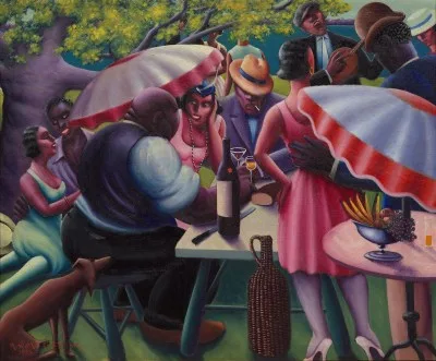 A group of Black men and women, some holding umbrellas, sit at a table in a park. A bottle of wine and some glasses can be seen, and a Black man sings and plays guitar in the background.