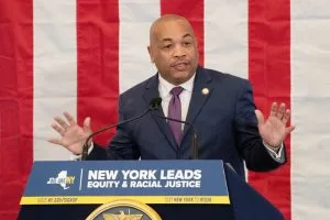 Speaker Carl Heastie offers remarks last Tuesday after his legislation was signed by New York Governor Kathy Hochul.