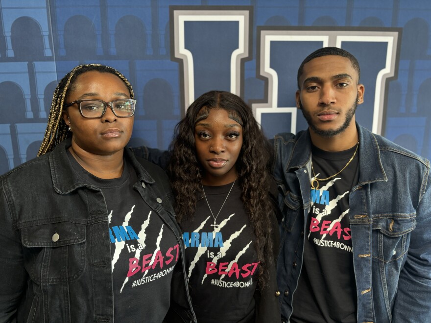 Falon Ensley, Tyree Stovall and Kenlyn Washington stand together after presenting demands and questions to the Lincoln University Board of Curators. Ensley is the former student government president. Stovall is the former Mr. Lincoln University. Washington is the 89th student government president.