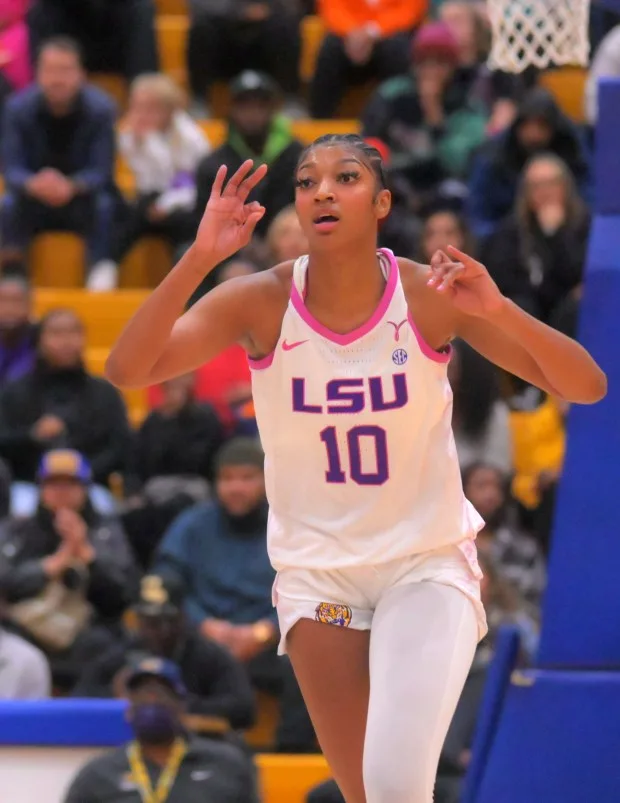 LSU Lady Tigers forward Angel Reese gestures for a three point basket scored by a teammate3 against the Coppin State Eagles during a non conference homecoming game for the St. Frances Academy Panthers alum and NCAA basketball champion...(Karl Merton Ferron/Staff Photo)