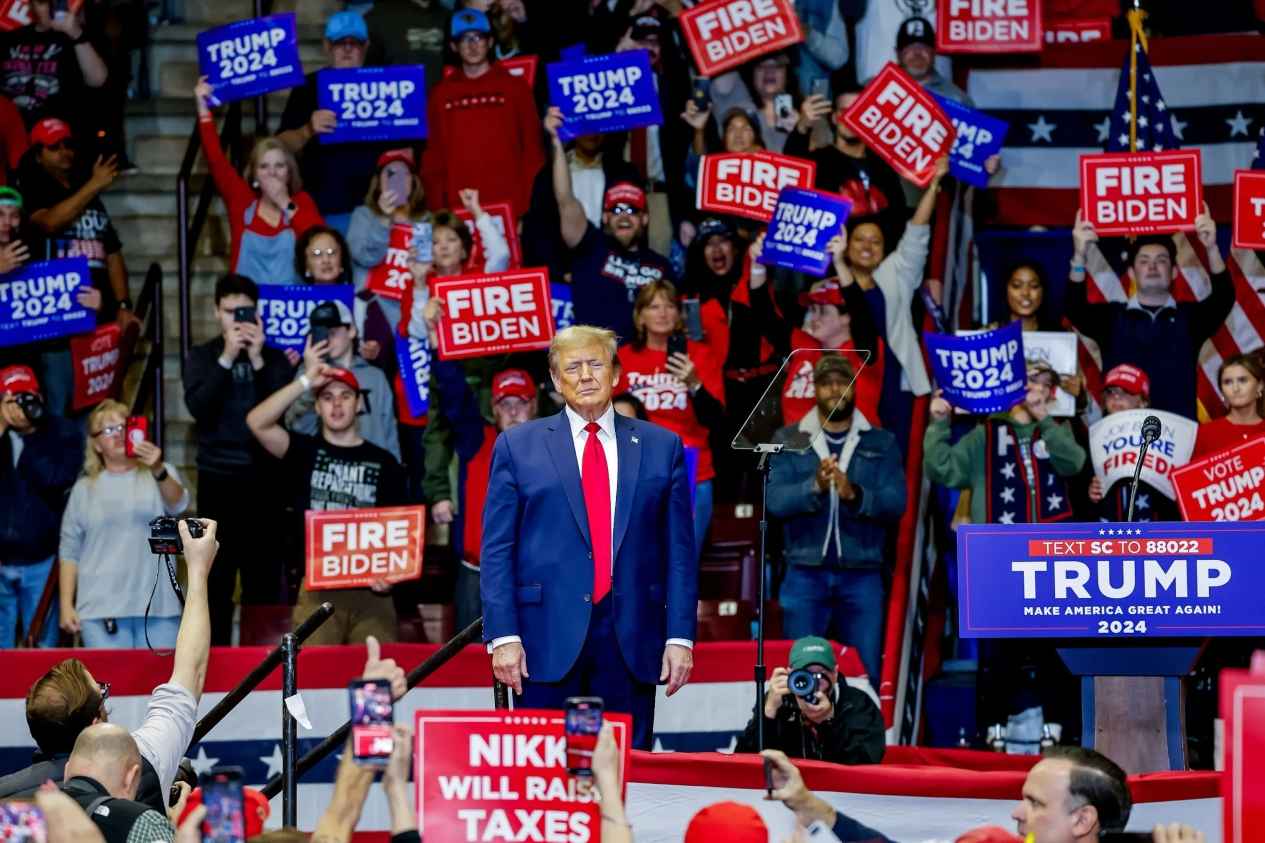 PHOTO: Former President and Republican presidential candidate Donald Trump participates in a 'Get Out the Vote Rally' campaign event at Winthrop Coliseum in Rock Hill, South Carolina, Feb. 23, 2024.