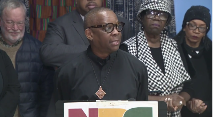 The Rev. Kevin Peterson of the Boston People's Reparations Commission speaks during a press conference in Boston, Massachusetts, on March 23, 2024. 