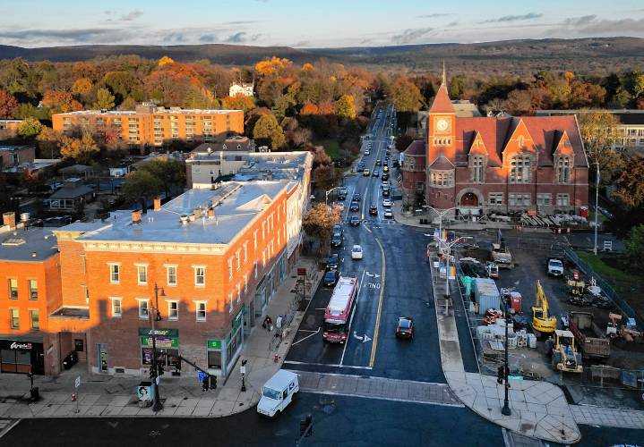 Downtown Amherst looking down Main Street toward the Town Hall building.