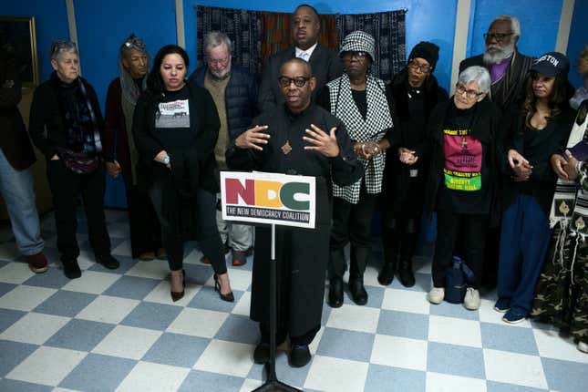 Boston, MA - March 23: The Rev. Kevin Peterson called on white churches in Boston to support reparations for slavery during a news conference at the Resurrection Lutheran Church.