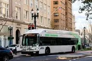 A hydrogen fuel cell AC Transit Bus moves along Broadway in Oakland, California, on Jan. 3,...