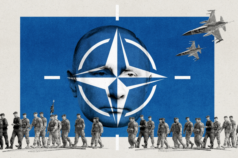 A collage photo illustration with Putin behind a blue background, the NATO logo like a crosshair overlay, with soldiers and warplanes in the foreground.