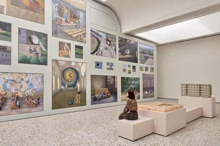 Gallery full of fresco-like paintings of people at work or leisure