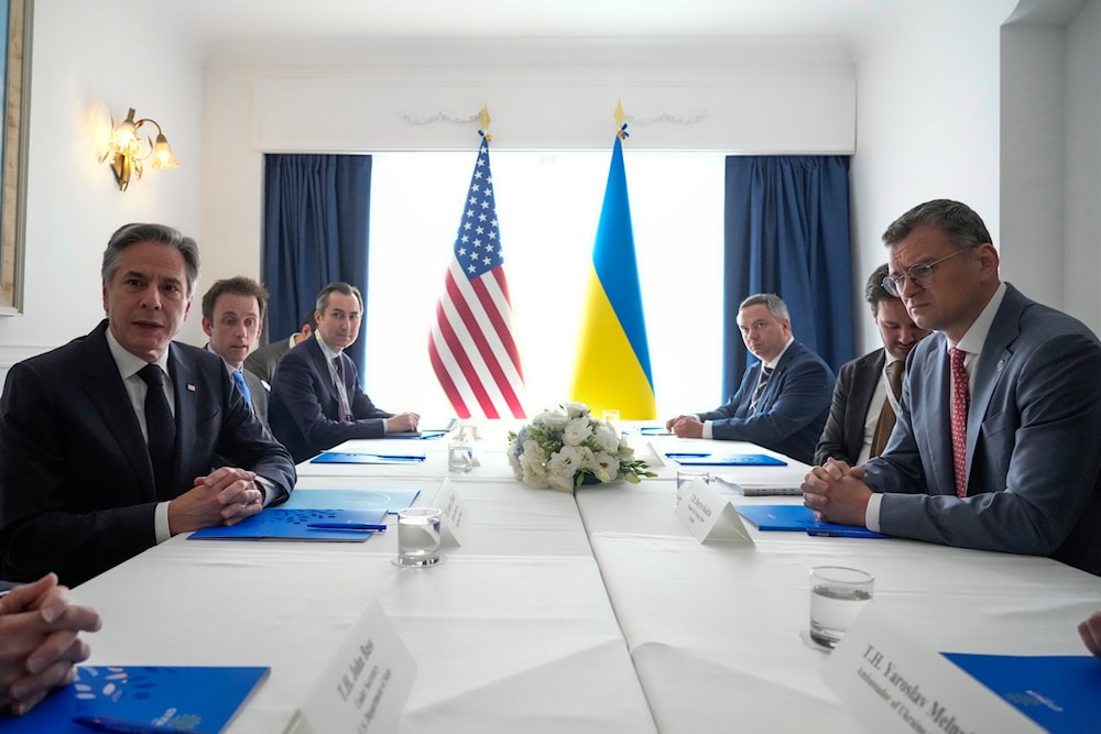 U.S. Secretary of State Antony Blinken, and Ukraine Foreign Minister Dmytro Kuleba at a bilateral meeting on the sidelines of the G7 Foreign Ministers meeting in Italy, April 18, 2024. (AP)