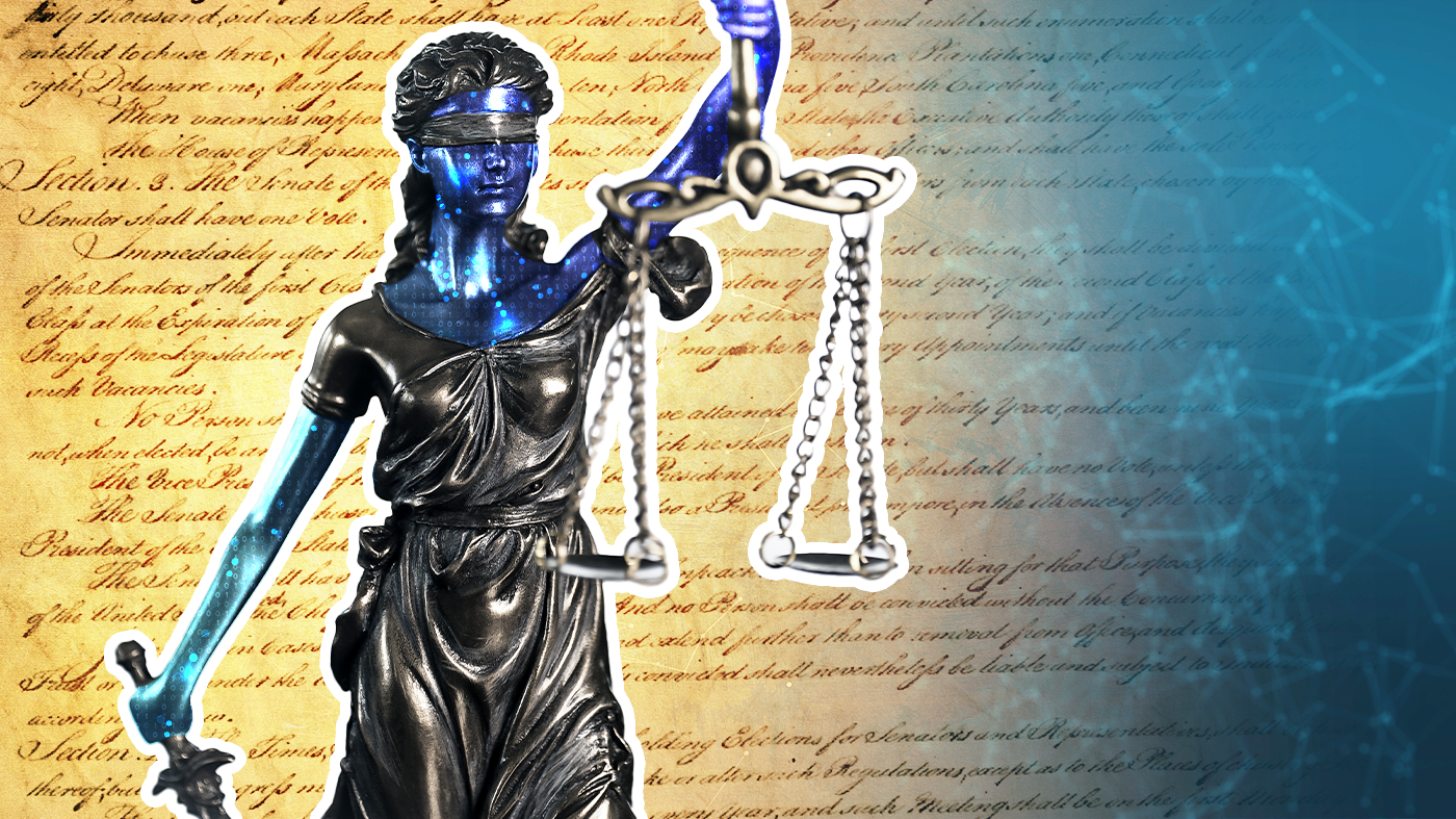 A lady justice statue with binary code embedded into her skin in front of a digital background with the Constitution.