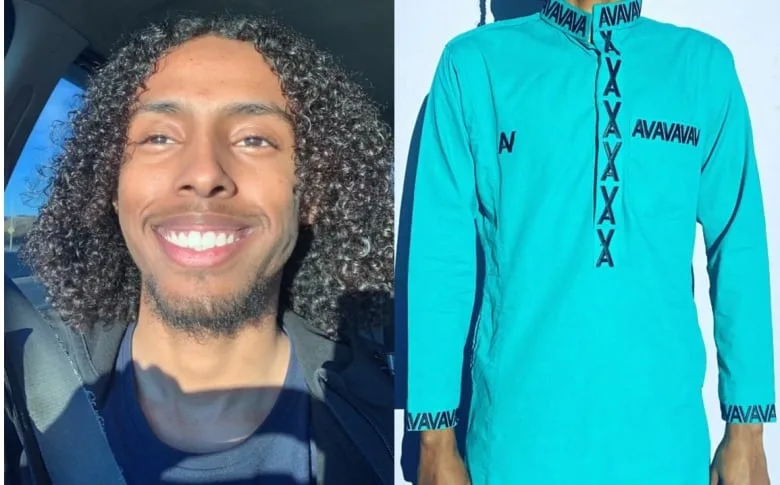 Split photo, on left man smiling looking off in the distance, on the right, the long embroidered shirt that is part of his clothing brand in Lake Louise Blue.