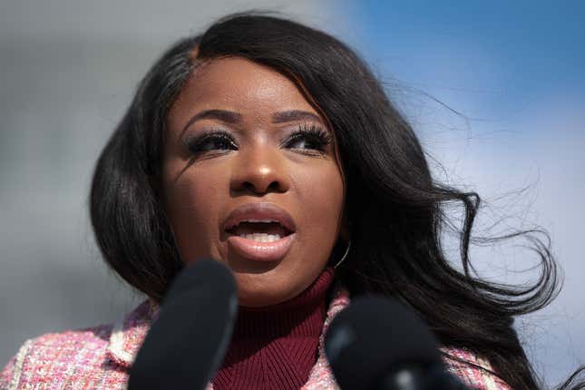 WASHINGTON, DC - MARCH 20: Rep. Jasmine Crockett (D-TX) speaks during a press conference outside the U.S. Capitol March 20, 2024 in Washington, DC. Democratic members of Congress held the press conference to introduce the “Protected Time Off Act”.