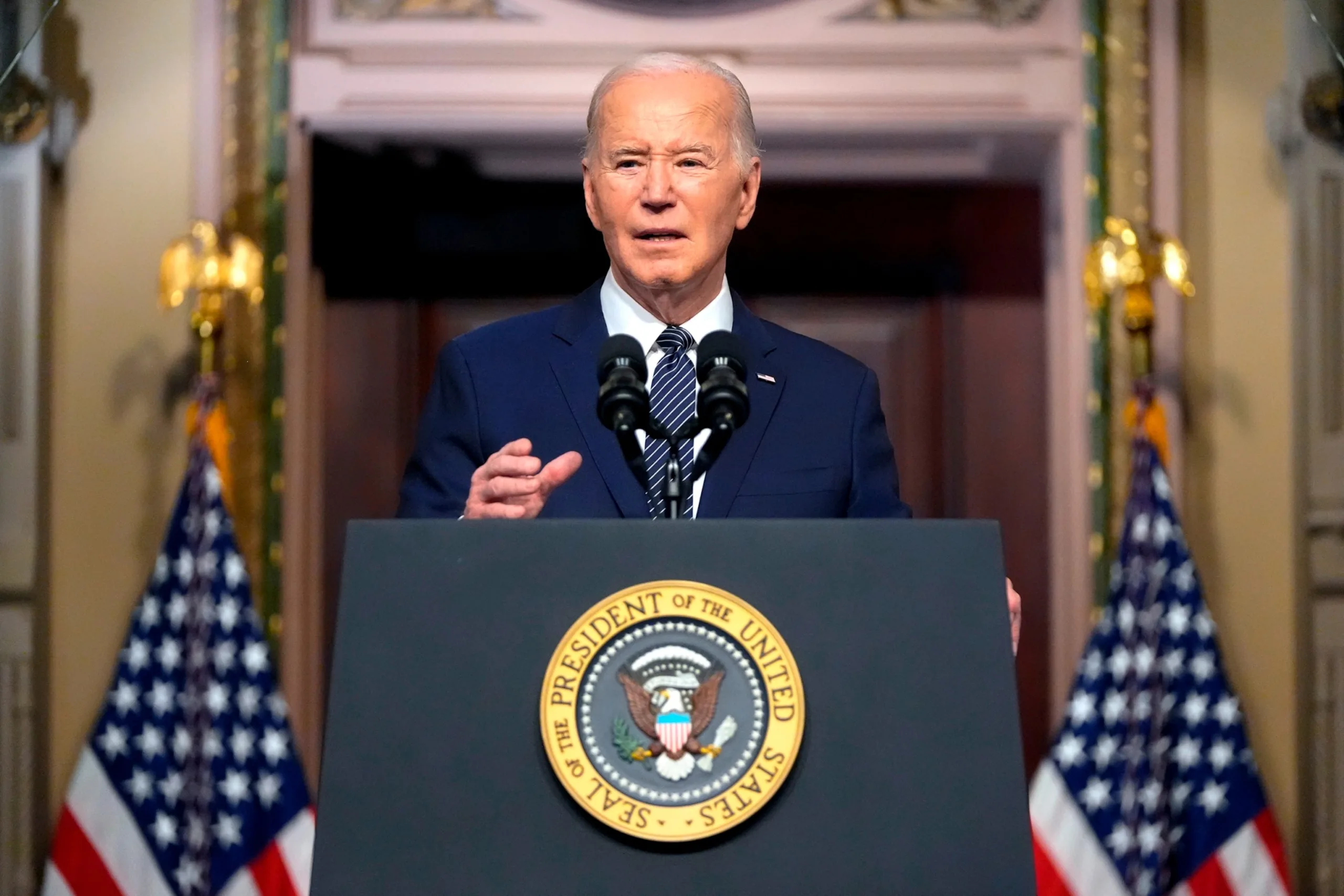 PHOTO: President Joe Biden speaks about lowering health care costs in the Indian Treaty Room at the Eisenhower Executive Office Building on the White House complex in Washington, D.C., on April 3, 2024. 
