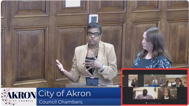 Lynn Puryear, vice president of the Entrepreneurship Center and operations at the Akron Urban League (left), and Rachel Bridenstine, executive director of the Western Reserve Community Fund, speak to Akron City Council's Planning & Economic Development Committee.