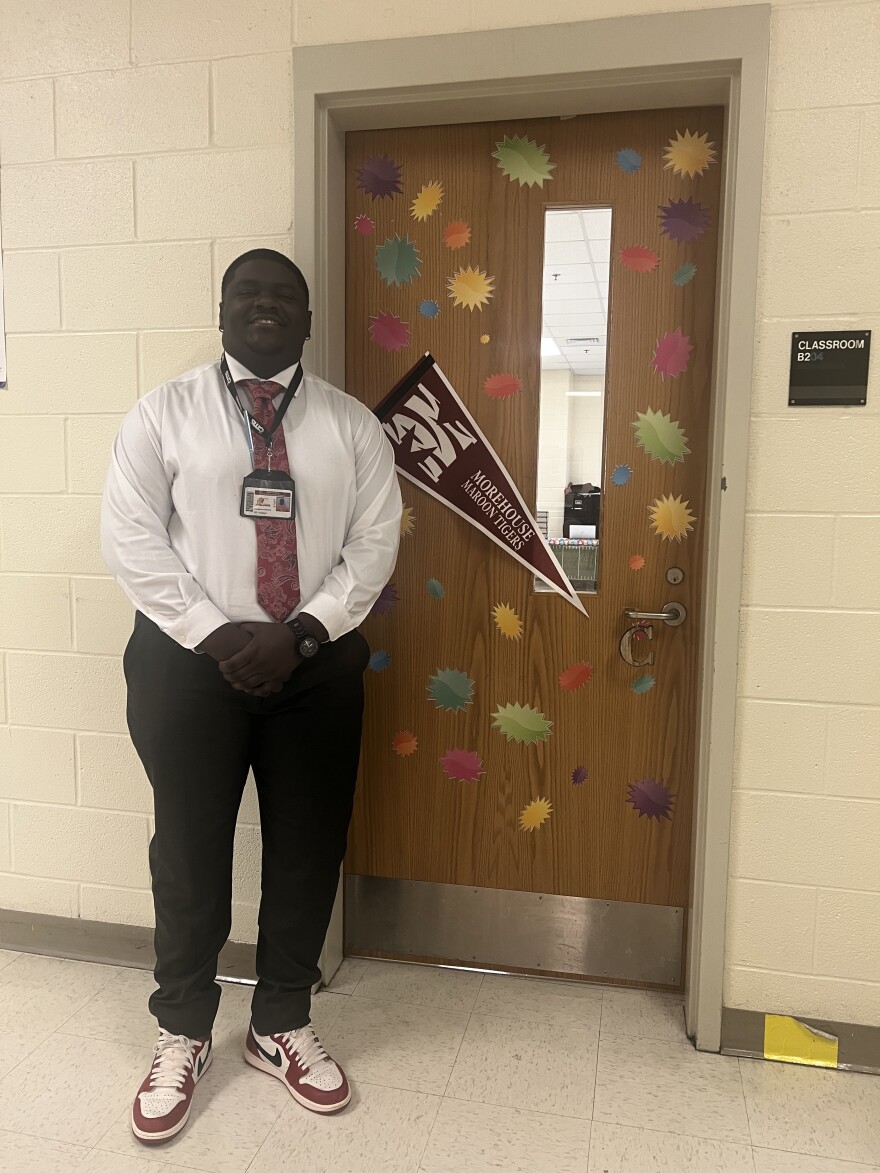 Exceptional children’s teacher Cameron Chestnut, outside of his Mecklenburg-Charlotte Public School classroom.