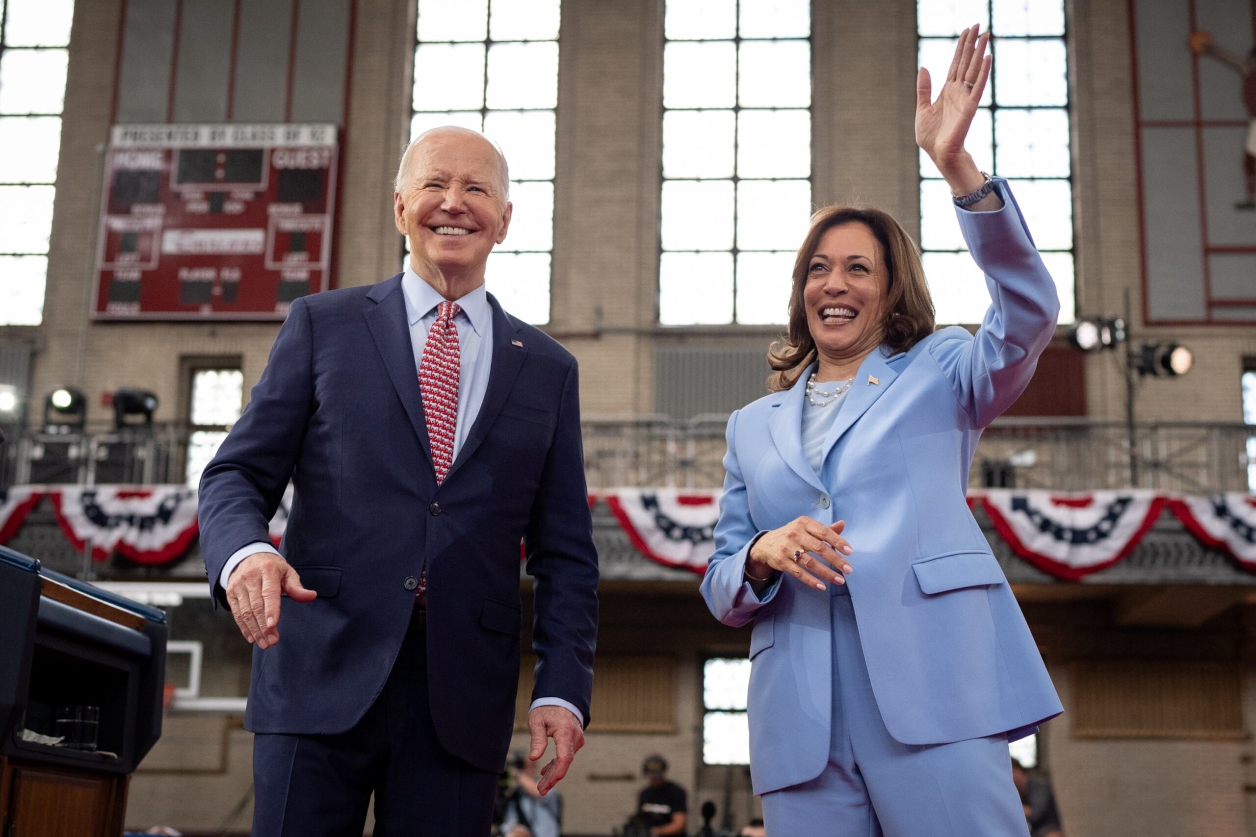 PHOTO: President Joe Biden and Vice President Kamala Harris wave to members of the audience after speaking at a campaign rally at Girard College, May 29, 2024, in Philadelphia.