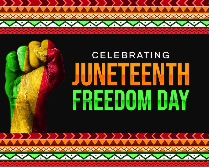 Celebrating Juneteenth freedom day background design with traditional colorful border and typography in the center. Juneteenth concept backdrop