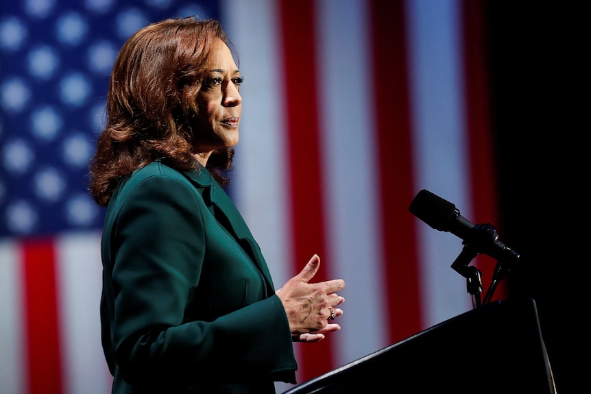 Kamala Harris speaks at a podium with an american flag in the background. 