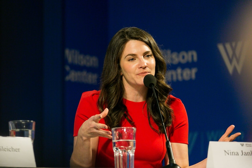 Nina Jankowicz speaking at a press conference