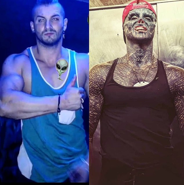 Mr Loffredo is pictured above before his transformation (left) and after countless surgeries. He is part of the extreme body modifications community